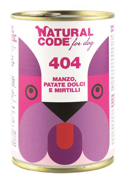 Natural Code 404 Cibo Umido Con Manzo/Patate Dolci/Mirtilli Per Cani Adulti Barattolo 400g