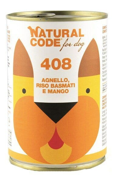 Natural Code 408 Cibo Umido Con Agnello/Riso Basmati/Mango Per Cani Adulti Barattolo 400g