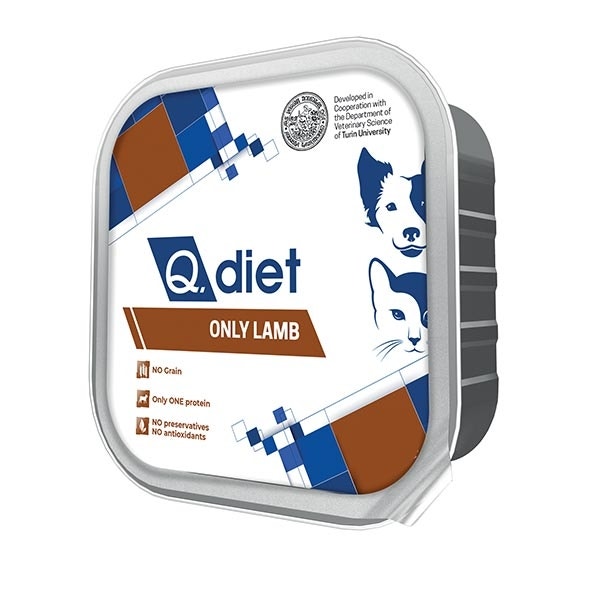 Q.Vet Q Diet Only Lamb Cibo Umido Con Agnello Per Cani/Gatti Adulti Vaschetta 150g