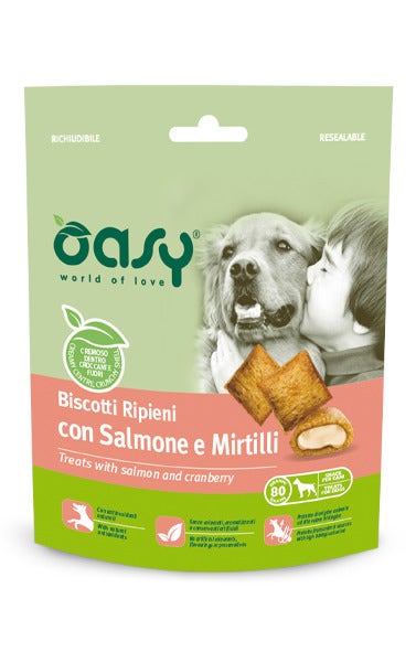 Oasy Snack per Cani Biscotti Ripieni con Salmone e Mirtilli Rossi 80g
