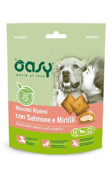 Oasy Snack per Cani Biscotti Ripieni con Salmone e Mirtilli Rossi 80g