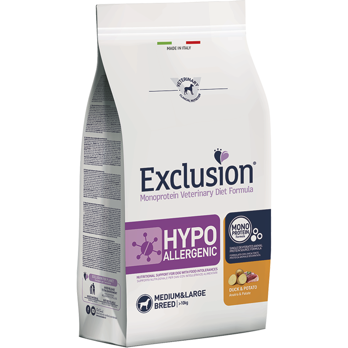 Exclusion Monoprotein Veterinary Diet Formula Hypoallergenic Crocchette Anatra/Patate Per Cani Taglia Media/Grande Sacco 2kg