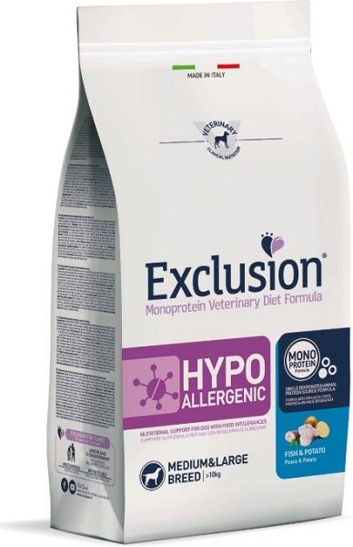 Exclusion Monoprotein Veterinary Diet Formula Hypoallergenic Crocchette Pesce/Patate Per Cani Taglia Media/Grande Sacco 2kg