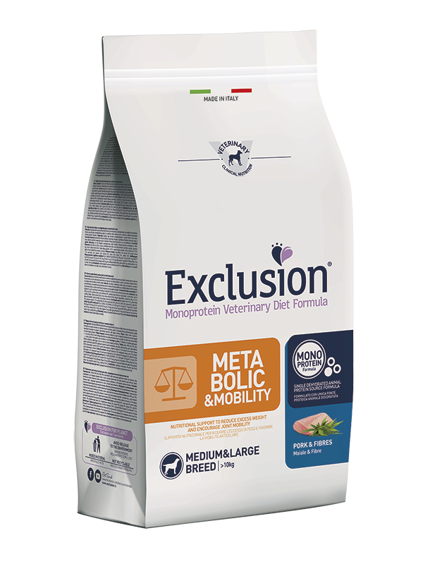 Exclusion Monoprotein Veterinary Diet Formula Metabolic & Mobility Crocchette Con Maiale/Fibre Per Cani Adulti Taglia Medio/Grande Sacco 12kg