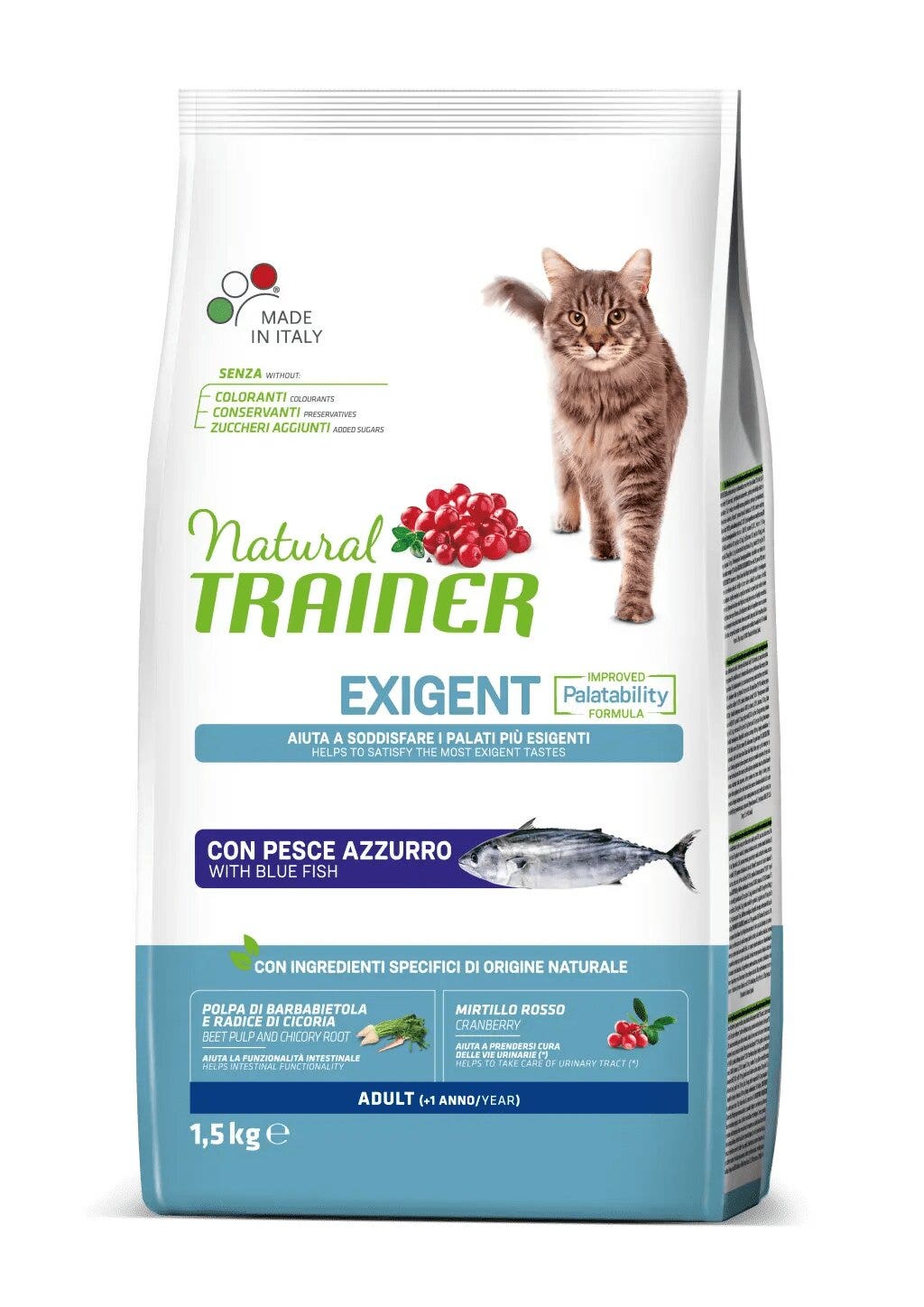 Natural Trainer Exigent Crocchette Con Pesce Azzurro Per Gatti Adulti Sacco 1,5kg