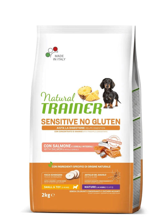 Natural Trainer Sensitive Mature Senza Glutine Crocchette Al Salmone Per Cani Senior Taglia Mini Sacco 2kg