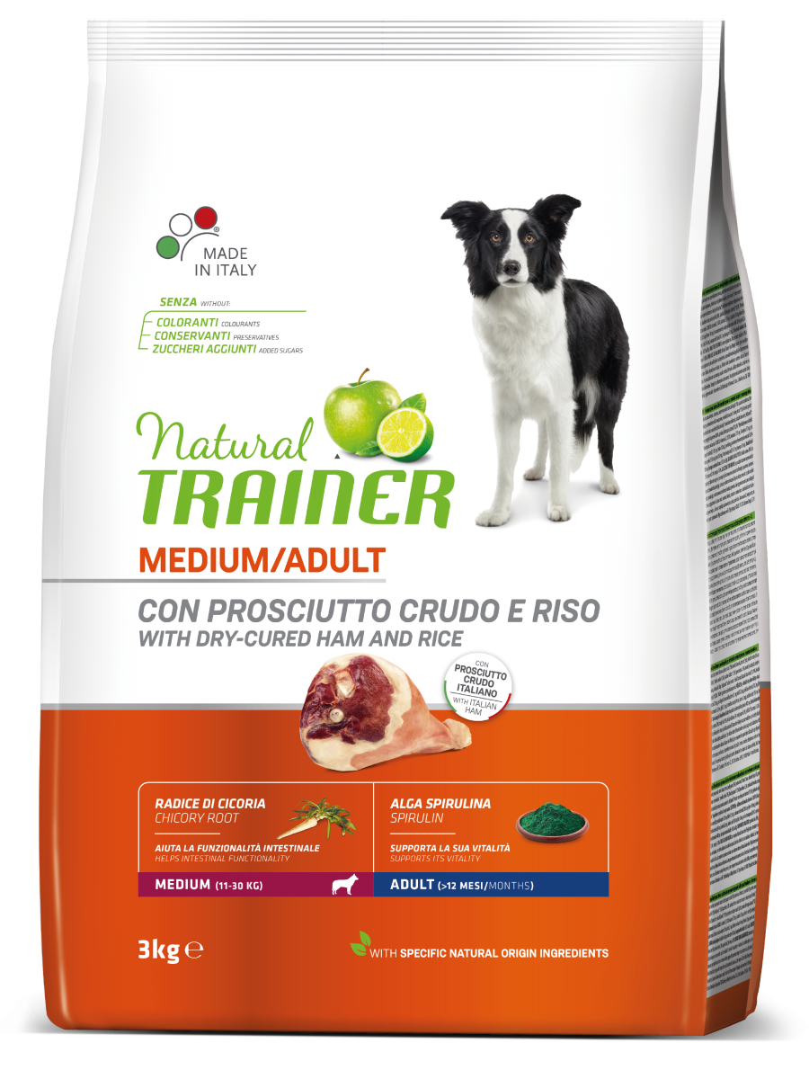 Natural Trainer Crocchette Prosciutto Crudo E Riso Per Cani Adulti Taglia Media Sacco 3kg