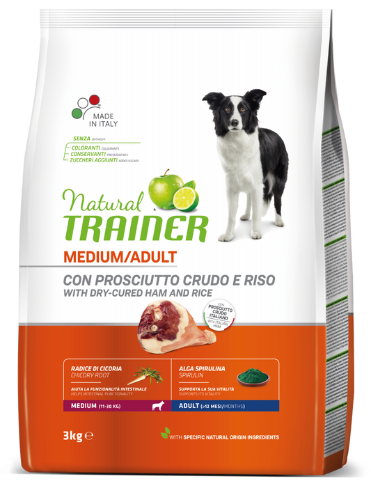 Natural Trainer Crocchette Prosciutto Crudo E Riso Per Cani Adulti Taglia Media Sacco 3kg