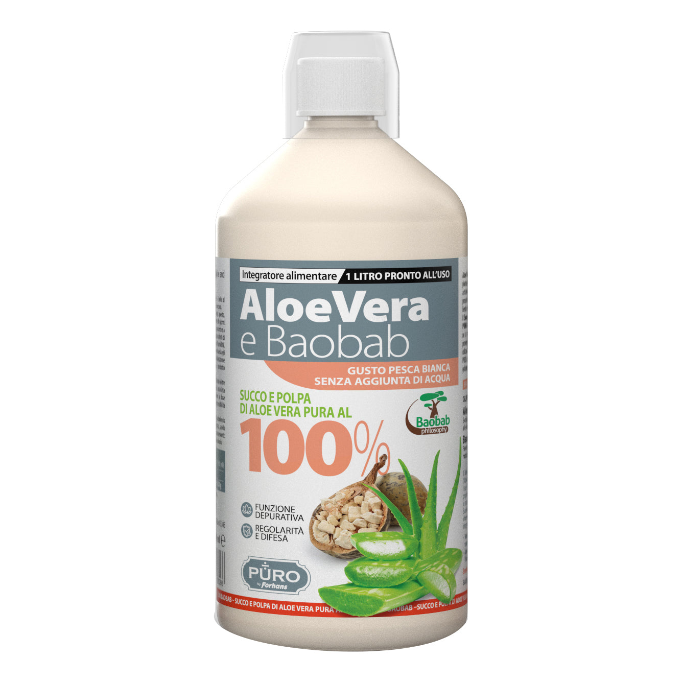 Forhans Puro Aloe Succo E Polpa 100% + Baobab Pesca Bianca 1 Litro
