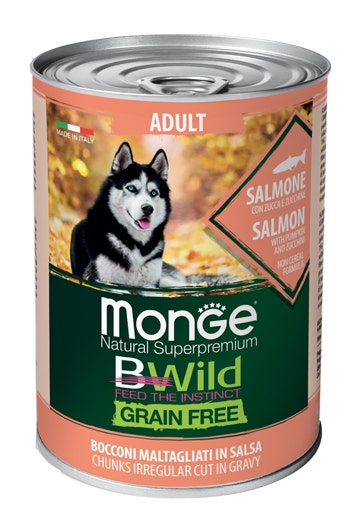 Monge B Wild Grain Free All Breeds Con Salmone Zucca Zucchine Cibo Umido Cani Adulti 400g