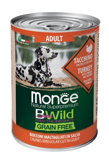 Monge B Wild Grain Free All Breeds Con Tacchino Zucca Zucchine Cibo Umido Cani Adulti 400g