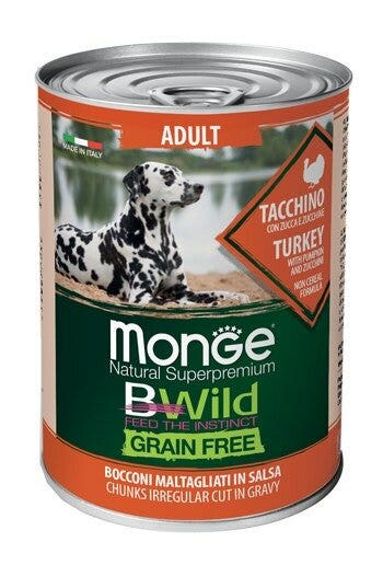 Monge B Wild Grain Free All Breeds Con Tacchino Zucca Zucchine Cibo Umido Cani Adulti 400g
