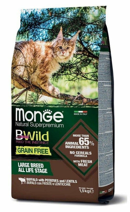 Monge B Wild Grain Free All Life Stage Large Breed Con Bufalo Patate Lenticchie Cibo Secco Gatti Sacco 1,5 Kg
