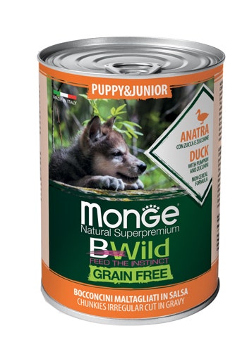 Monge B Wild Grain Free All Breeds Con Anatra Zucca Zucchine Cibo Umido Cani Cuccioli Lattina 400g