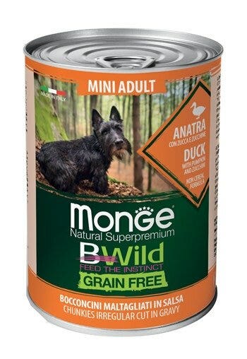 Monge B Wild Grain Free Adult Con Anatra Zucca Zucchine Cibo Umido Cani Piccola Taglia Lattina 400g