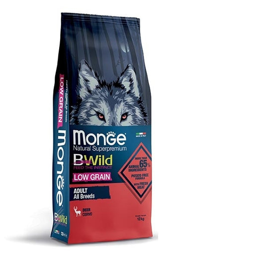 Monge B Wild Low Grain All Breeds con Cervo Cibo Secco Per Cani Adulti Sacco 12 Kg