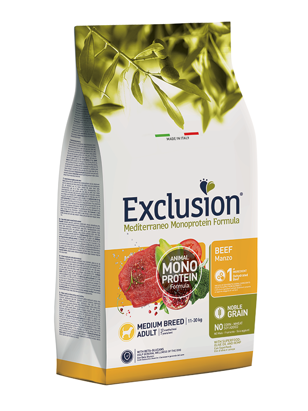 Exclusion Mediterraneo Monoprotein Formula Noble Grain Beef Crocchette Con Manzo Per Cani Adulti Taglia Media Sacco 12kg