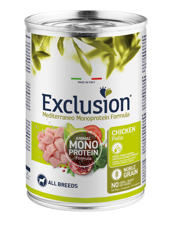 Exclusion Mediterraneo Monoprotein Noble Grain Umido Al Pollo Per Cani Lattina 400gr