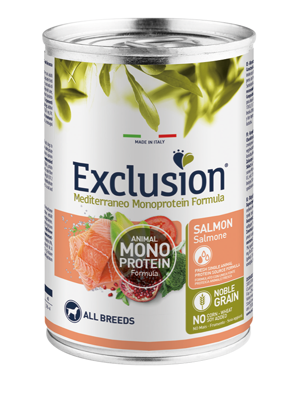 Exclusion Mediterraneo Monoprotein Noble Grain Cibo Umido Salmone Per Cani Adulti Lattina 400g