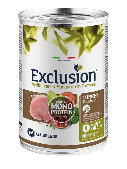 Exclusion Mediterraneo Monoprotein Noble Grain Umido Al Tacchino Per Cani Lattina 400gr