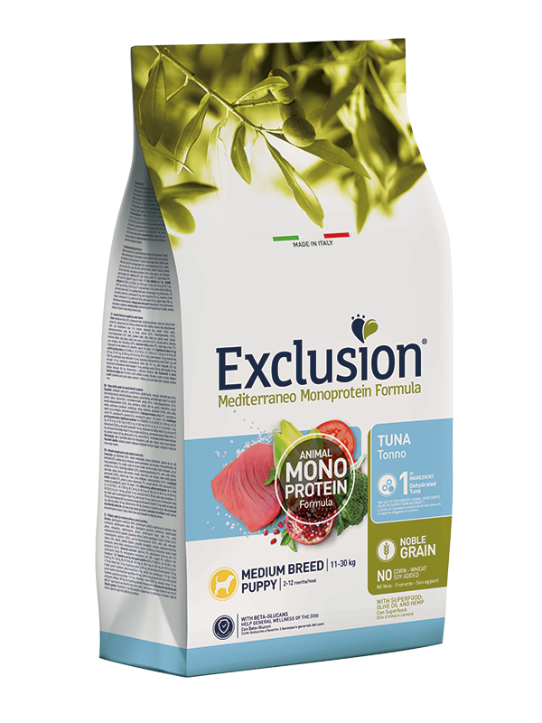 Exclusion Mediterraneo Monoprotein Formula Noble Grain Tuna Crocchette Con Tonno Per Cuccioli Taglia Media Sacco 3kg