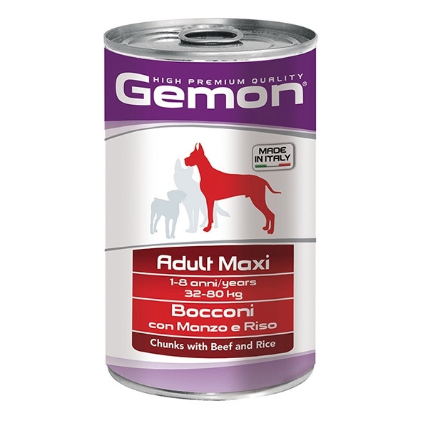 Gemon Bocconi Manzo E Riso Cibo Umido Cani Adulti Taglia Grande Barattolo 1,25 Kg