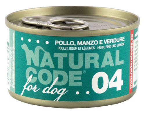 Natural Code 04 Pollo, Manzo E Verdure Cani Adulti Lattina 90g