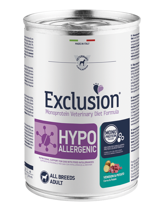 Exclusion Monoprotein Veterinary Diet Formula Hypoallergenic Cibo Umido Cervo E Patate Per Cani Adulti Lattina 400g