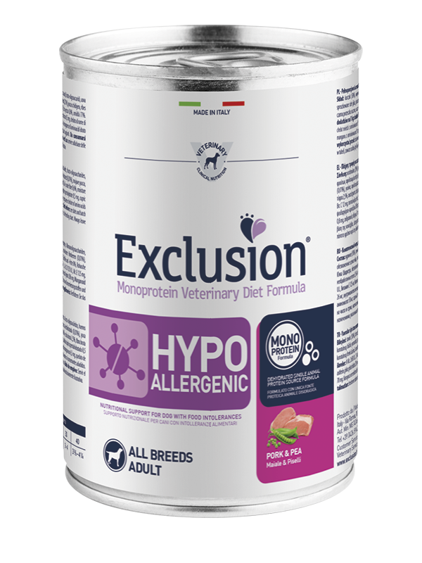 Exclusion Veterinary Diet Formula Hypoallergenic Per Cani Maiale/Piselli Lattina 400gr