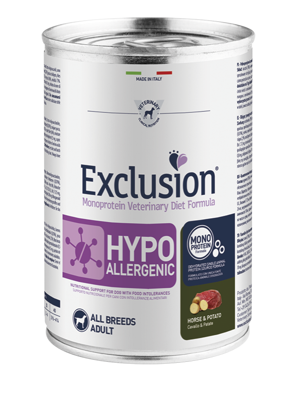 Exclusion Veterinary Diet Formula Hypoallergenic Per Cani Cavallo/Patate Lattina 400gr
