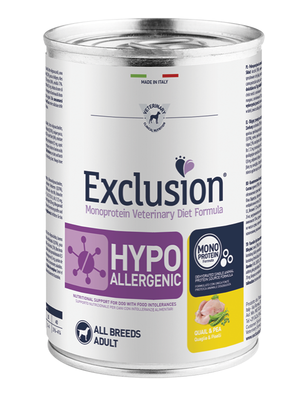 Exclusion Monoprotein Veterinary Diet Formula Hypoallergenic Umido Quaglia/Piselli Per Cani Adulti Lattina 400g