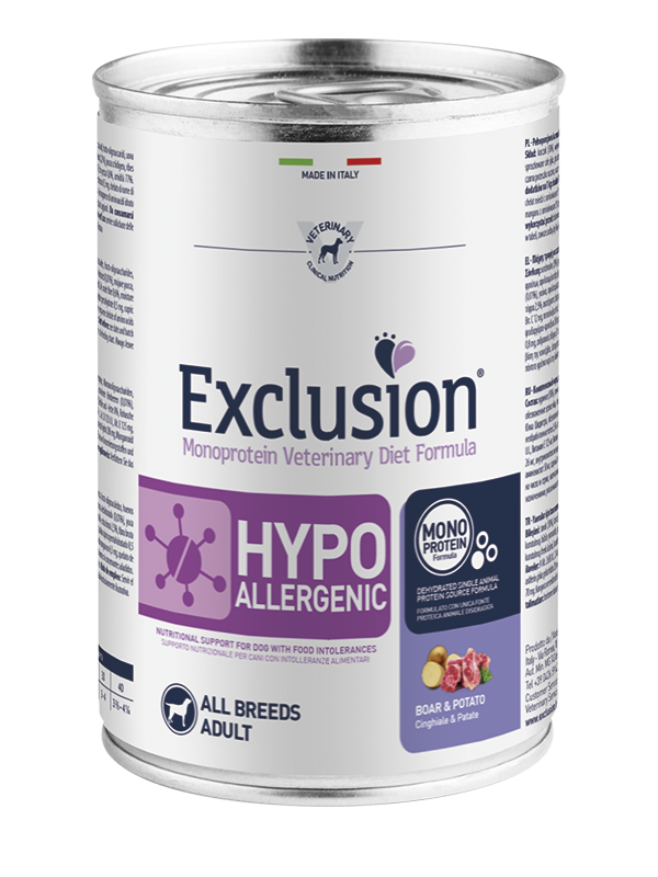 Exclusion Veterinary Diet Formula Hypoallergenic Per Cani Cinghiale/Patate Lattina 400gr