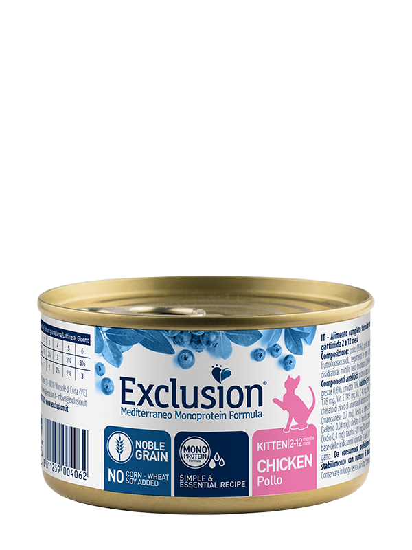 Exclusion Mediterraneo Noble Grain Cibo Umido Per Gattini Al Pollo Lattina 85gr