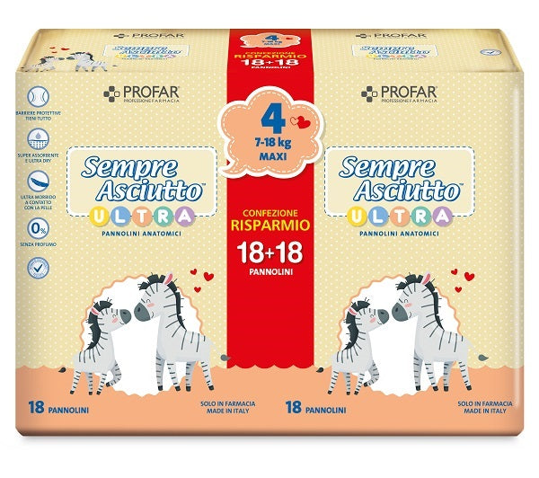 Pannolini sempre asciutto ultra maxi 7/18 kg bipacco 18+18 pezzi