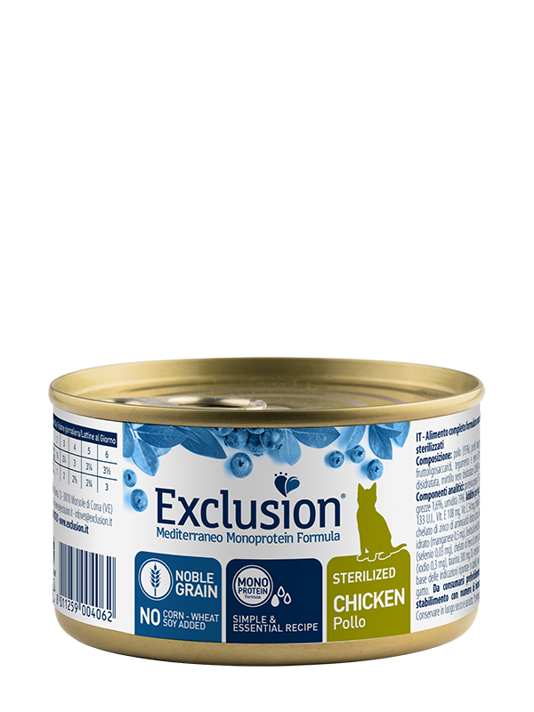 Exclusion Mediterraneo Noble Grain Gatto Adulto Sterilizzato Al Pollo Lattina 85gr
