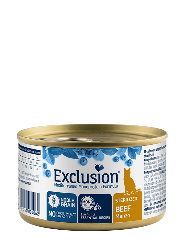 Exclusion Mediterraneo Monoprotein Noble Grain Umido Per Gatti Sterilizzati Al Manzo Lattina 85gr