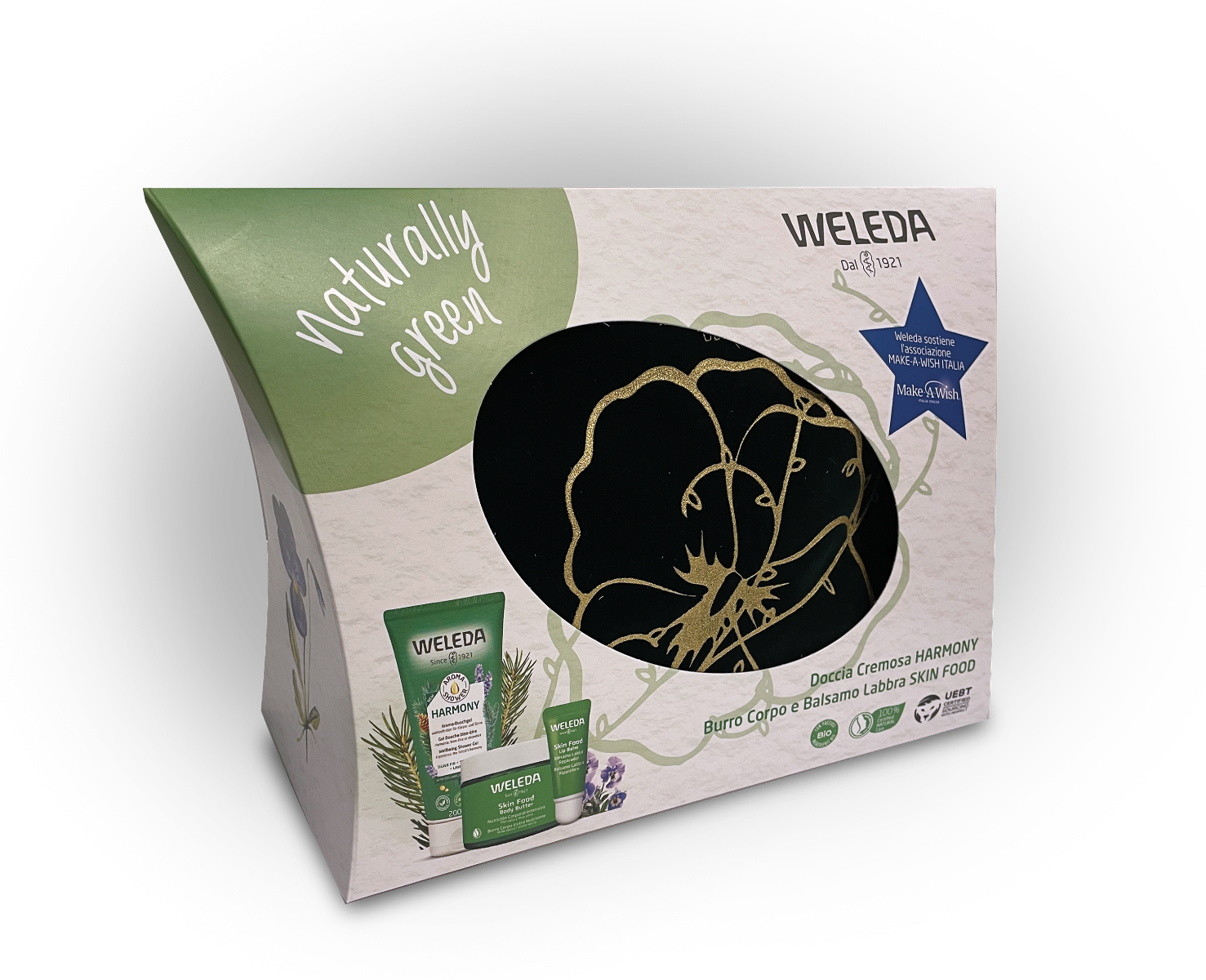 Weleda Cofanetto Naturally Green Gel Doccia 200ml + Burro Corpo 150ml + Balsamo Labbra 8ml + Pochette