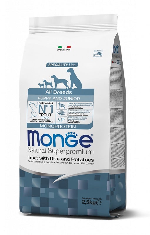 Monge Natural Superpremium All Breeds Trota con Riso e Patate Cibo Secco Cani Cuccioli Sacco 12 Kg
