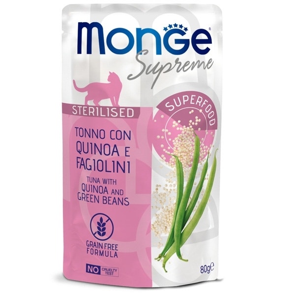 Monge Supreme Pezzetti di Tonno con Quinoa Fagiolini Cibo Umido Gatti Adulti Sterilizzati 80g