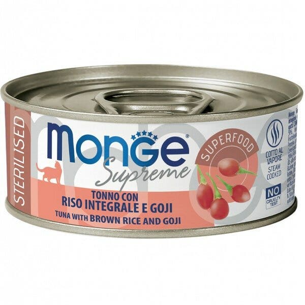 Monge Supreme Tonno Riso Integrale e Goji Cibo Umido Gatti Adulti Sterilizzati 80g