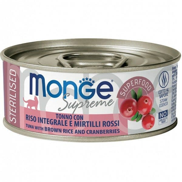 Monge Supreme Tonno Riso Integrale e Mirtilli Rossi Cibo Umido Gatti Adulti Sterilizzati 80g