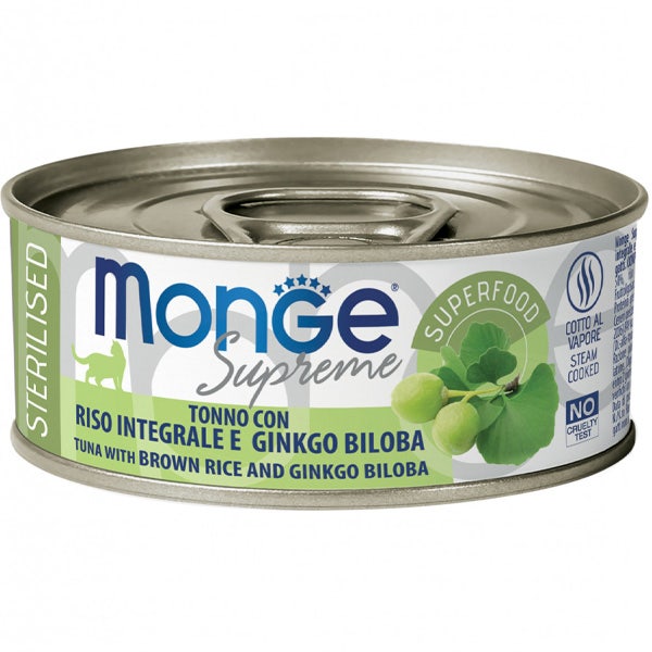 Monge Supreme Tonno Riso Integrale e Ginkgo Biloba Cibo Umido Gatti Adulti Sterilizzati 80g