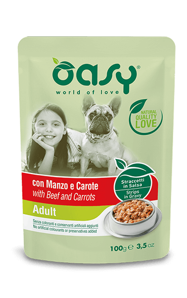 Oasy Straccetti In Salsa Con Manzo E Carote Per Cani Adulti Bustina 100g