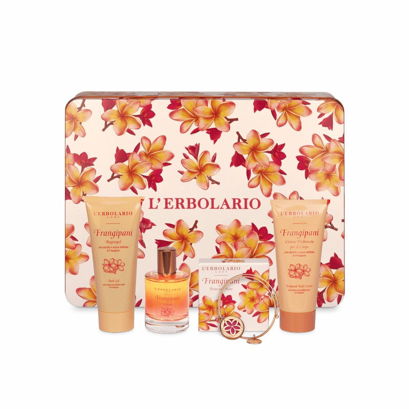 L'Erbolario Cofanetto Frangipani Profumo 50ml + Bagnogel 100ml + Crema Corpo 100ml + Bracciale