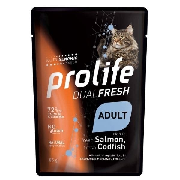 Prolife Dual Fresh Salmone E Merluzzo Freschi Cibo Umido Per Gatti Adulti Bustina 85g