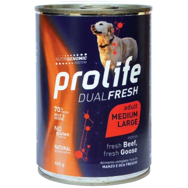 Prolife Dual Fresh Manzo E Oca Freschi Cibo Umido Per Cani Adulti Taglia Media/Grande Lattina 400g