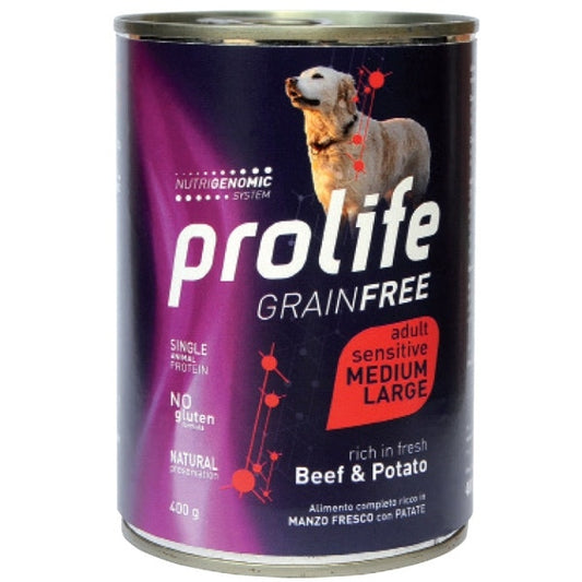 Prolife Grain Free Manzo Fresco Con Patate Cibo Umido Per Cani Adulti Taglia Media/Grande Lattina 800g