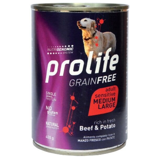Prolife Grain Free Manzo Fresco Con Patate Cibo Umido Per Cani Adulti Taglia Media/Grande Lattina 800g