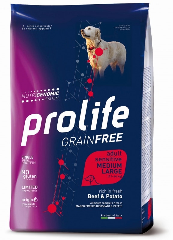 Prolife Dog Grain Free Sensitive Beef & Potato Cibo Secco Per Cani Adulti Taglia Media/Grande Sacco 10 Kg