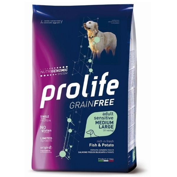 Prolife Dog Grain Free Sensitive Fish & Potato Cibo Secco Per Cani Adulti Taglia Media/Grande Sacco 10 Kg